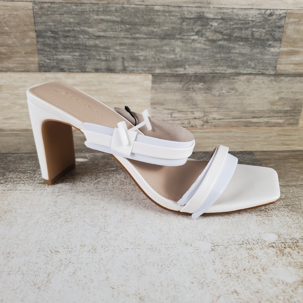The Drop Avery Womens Sandals Sz 10 White Leather Slip On Square Toe Block‎ Heel